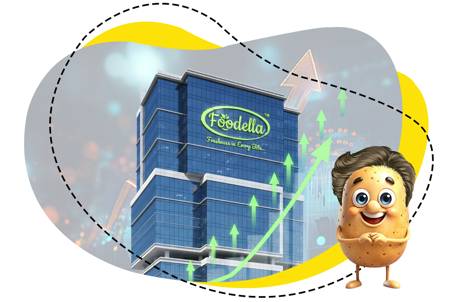 Animated character next to a building with 'Foodella' branding on a white background